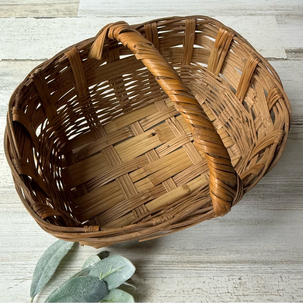 Vintage Rectangular Woven Market Basket Gathering Basket with Handle